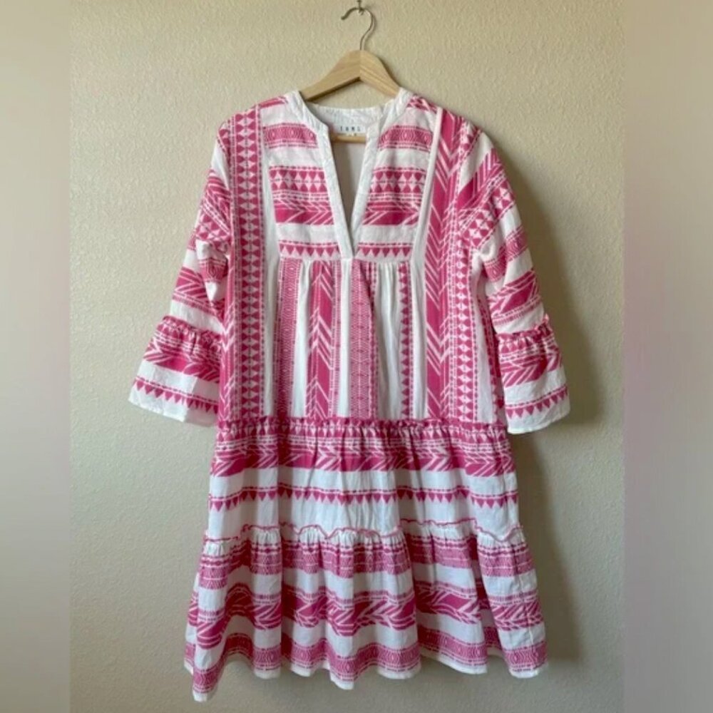 THML Pink and White Embroidered Boho Tiered Dress